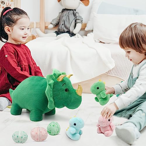 Ezuwail Triceratops Stuffed Animals with Babies, 7 Pack, 22 inch Dinosaur Plush Toys, Large Green Triceratops with 3 Eggs, 3 Baby Dino Plushie Inside