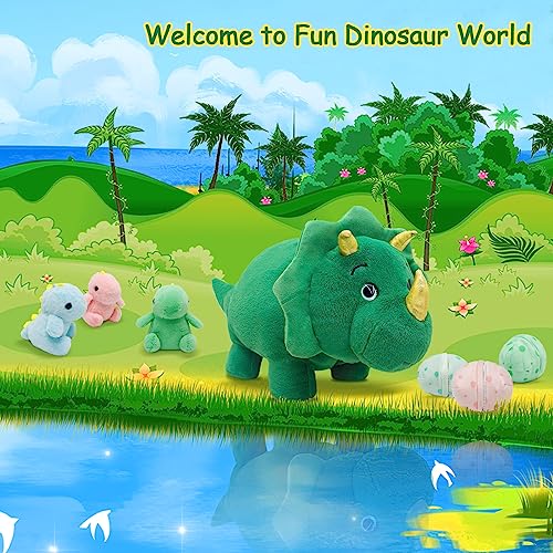 Ezuwail Triceratops Stuffed Animals with Babies, 7 Pack, 22 inch Dinosaur Plush Toys, Large Green Triceratops with 3 Eggs, 3 Baby Dino Plushie Inside