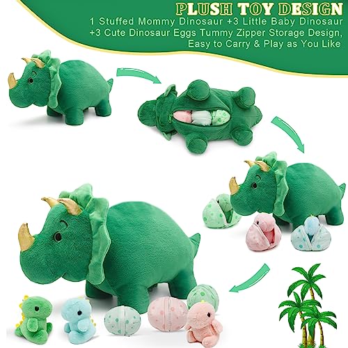 Ezuwail Triceratops Stuffed Animals with Babies, 7 Pack, 22 inch Dinosaur Plush Toys, Large Green Triceratops with 3 Eggs, 3 Baby Dino Plushie Inside