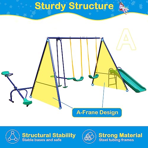 HooKung Swing Set for Backyard Outdoor Heavy Duty A-Frame Metal Playset with Seesaw, 2 Swings, Slide and Glider for Kids Toddlers