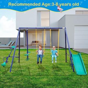 HooKung Swing Set for Backyard Outdoor Heavy Duty A-Frame Metal Playset with Seesaw, 2 Swings, Slide and Glider for Kids Toddlers
