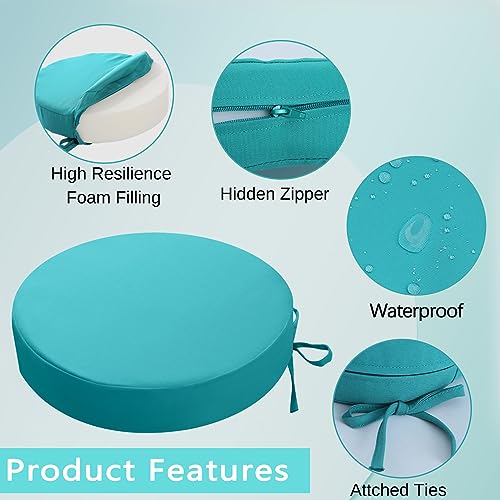 idee-home Outdoor Bistro Chair Cushions, Thick Round Seat Cushions Set of 2 with Ties, 15”x15”x 3” Waterproof Round Patio Chair Cushions for Outdoor Furniture, Round Chair Pads for Garden Peacock Blue