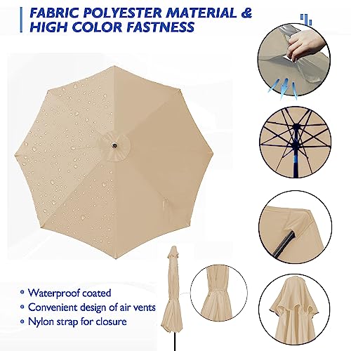 Amzbear Patio Umbrella 9 ft Replacement Canopy for 8 Rib，Patio Umbrella Replacement Canopy Market Umbrella Top Fit Outdoor Umbrella Canopy（Only the top cover） (Beige, 9ft-8 Ribs)