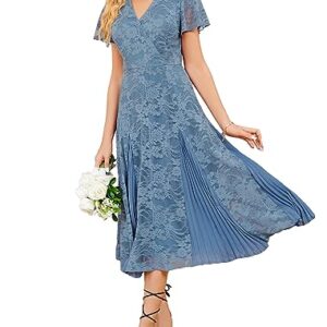 Women's Lace Formal Dress Elegant Classy Pleated A Line Fit and Flare Midi Dresses Blue