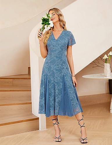 Women's Lace Formal Dress Elegant Classy Pleated A Line Fit and Flare Midi Dresses Blue