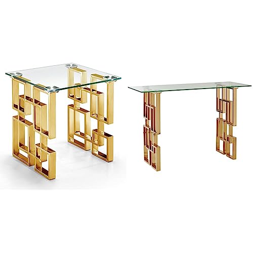 Meridian Furniture Pierre Collection Modern | Contemporary Square Glass End Table, 20" W x 20" D x 22" H, Glass, Gold & Pierre Collection Modern | Contemporary Square Glass Console Table