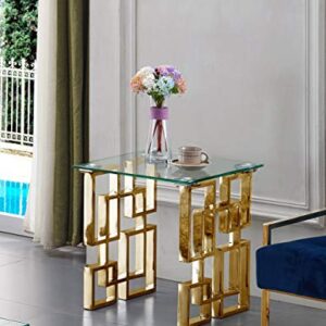 Meridian Furniture Pierre Collection Modern | Contemporary Square Glass End Table, 20" W x 20" D x 22" H, Glass, Gold & Pierre Collection Modern | Contemporary Square Glass Console Table