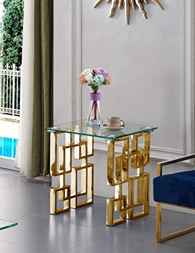 Meridian Furniture Pierre Collection Modern | Contemporary Square Glass End Table, 20" W x 20" D x 22" H, Glass, Gold & Pierre Collection Modern | Contemporary Square Glass Console Table