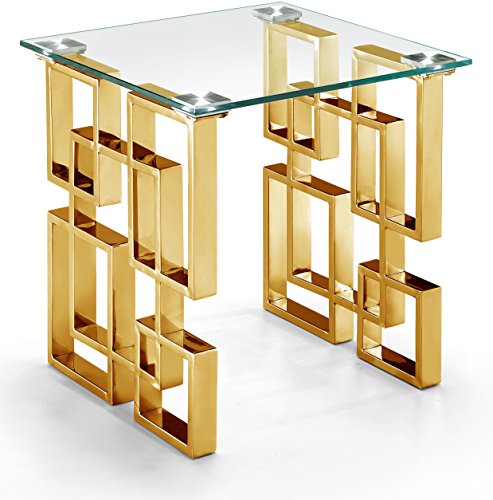 Meridian Furniture Pierre Collection Modern | Contemporary Square Glass End Table, 20" W x 20" D x 22" H, Glass, Gold & Pierre Collection Modern | Contemporary Square Glass Console Table