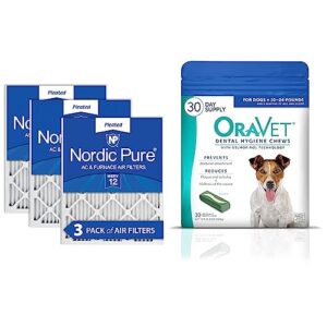 nordic pure 18x25x1 merv 12 pleated ac furnace air filters 3 pack & oravet dental chews for dogs, oral care and hygiene chews (small dogs, 10-24 lbs.) blue pouch, 30 count