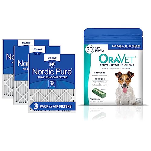 Nordic Pure 18x25x1 MERV 12 Pleated AC Furnace Air Filters 3 Pack & ORAVET Dental Chews for Dogs, Oral Care and Hygiene Chews (Small Dogs, 10-24 lbs.) Blue Pouch, 30 Count