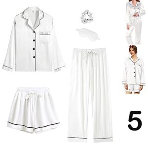 wjing yi jia 5pcs womens silk satin pajamas sets long pj sets button down pjs set sleepwear white