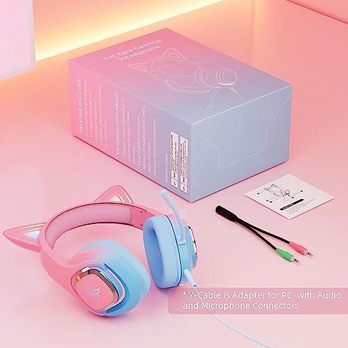 Mytrix Cat Ear Gaming Headset Compatible with PS4, PS5, Xbox, PC, MAC, Switch, Gradient Pink Blue Wired Gaming Headphones with 360° Rotation Microphone, Surround Sound, Soft Earmuff, RGB Light Effect