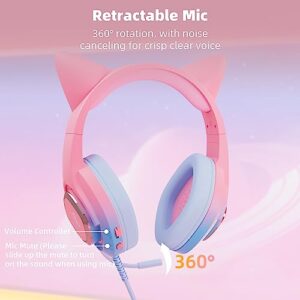 Mytrix Cat Ear Gaming Headset Compatible with PS4, PS5, Xbox, PC, MAC, Switch, Gradient Pink Blue Wired Gaming Headphones with 360° Rotation Microphone, Surround Sound, Soft Earmuff, RGB Light Effect