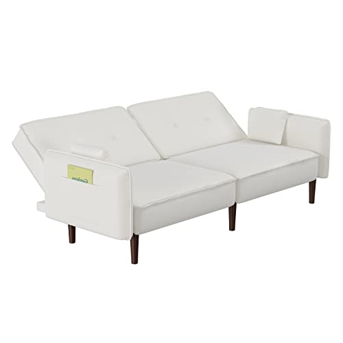Futon Sofa Bed, Upholstered Convertible Folding Sleeper Sofa Bed with Armrests, Loveseat, Modern Futon Couch for Living Room, Bedroom, 2 Pillows, Solid Wood Legs,75" L x 31" W x 30" H (White)
