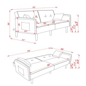 Futon Sofa Bed, Upholstered Convertible Folding Sleeper Sofa Bed with Armrests, Loveseat, Modern Futon Couch for Living Room, Bedroom, 2 Pillows, Solid Wood Legs,75" L x 31" W x 30" H (White)