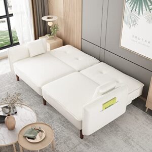 Futon Sofa Bed, Upholstered Convertible Folding Sleeper Sofa Bed with Armrests, Loveseat, Modern Futon Couch for Living Room, Bedroom, 2 Pillows, Solid Wood Legs,75" L x 31" W x 30" H (White)