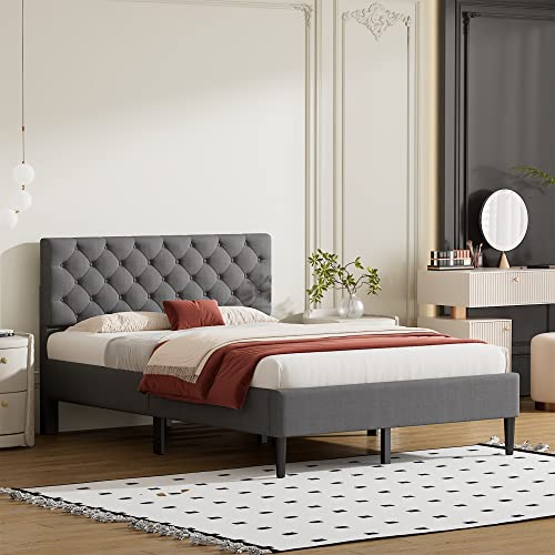 HAUSHECK Upholstered Platform Bed Frame Full Size, Bed Frames with Button Tufted Headboard, Wooden Slats Support, No Box Spring Needed, Bedframe for Kids & Adults