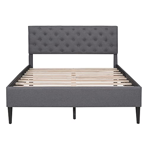 HAUSHECK Upholstered Platform Bed Frame Full Size, Bed Frames with Button Tufted Headboard, Wooden Slats Support, No Box Spring Needed, Bedframe for Kids & Adults