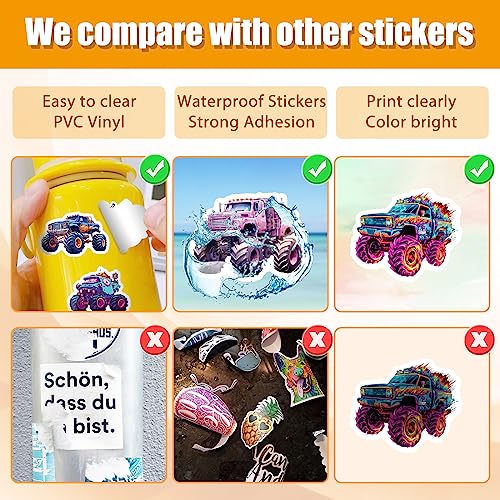 50 PCS Cool Monster Truck Stickers, Car Stickers for Kids Teens Adults, Monster Truck Party Favors, Waterproof Vinyl Stickers for Water Bottle Laptop Luggage Guitar