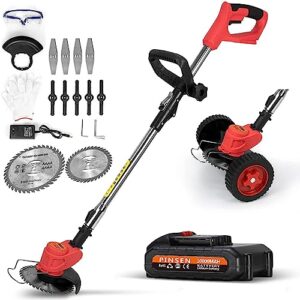 cordless weed eater string trimmer,3-in-1 lightweight push lawn mower & edger tool with 3 types blades,21v 2ah li-ion battery powered for garden and yard, (red)