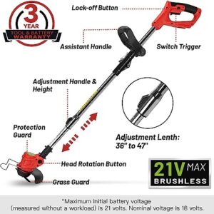 Cordless Weed Eater String Trimmer,3-in-1 Lightweight Push Lawn Mower & Edger Tool with 3 Types Blades,21V 2Ah Li-Ion Battery Powered for Garden and Yard, (Red)