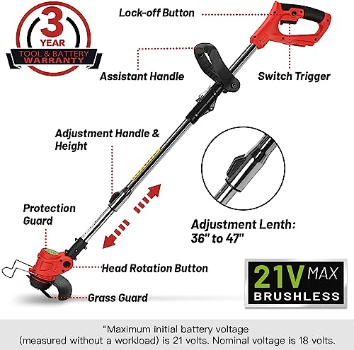 Cordless Weed Eater String Trimmer,3-in-1 Lightweight Push Lawn Mower & Edger Tool with 3 Types Blades,21V 2Ah Li-Ion Battery Powered for Garden and Yard, (Red)