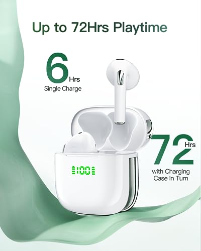 Ear buds 72Hrs Playback Bluetooth Headphones Wireless Earbuds with Dual LED Power Display Charging Case Earphones IPX7 Waterproof Stereo Sound in-Ear Earbud with Mic for Phone Laptop TV Sport White