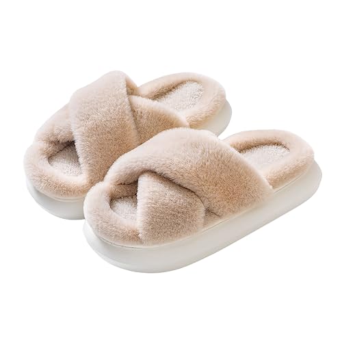 SOSUSHOE Womens Slippers Fluffy Slippers Ultra Comfy Open Toe House Slippers Memory Foam Non-slip Indoor Outdoor Slippers Fuzzy Slippers Soft Thick Sole,Khaki