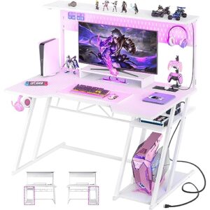 gaming computer desk with storage shelves & z-shaped legs, white gaming desk with hutch and led lights, reversible pc gaming desk with pegboard for bedroom & small spaces, carbon fiber surface, 47''