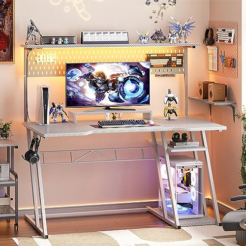 Gaming Computer Desk with Storage Shelves & Z-Shaped Legs, White Gaming Desk with Hutch and LED Lights, Reversible PC Gaming Desk with Pegboard for Bedroom & Small Spaces, Carbon Fiber Surface, 47''