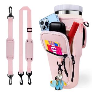 baborui water bottle holder for stanley with strap, water bottle carrier for stanley 40oz, adjustable crossbody shoulder hand strap 2 pouch water bottle accessories for travelling hiking camping