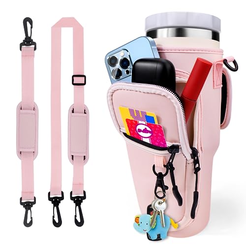 BABORUI Water Bottle Holder for Stanley with Strap, Water Bottle Carrier for Stanley 40oz, Adjustable Crossbody Shoulder Hand Strap 2 Pouch Water Bottle Accessories for Travelling Hiking Camping