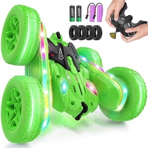 jimdella remote control car,rc cars with sides light strip and headlights,double sided 360 flips rotating rc stunt car,2.4ghz all terrain toys for ages 4-6 kids toy for boys girls birthday gift(green)