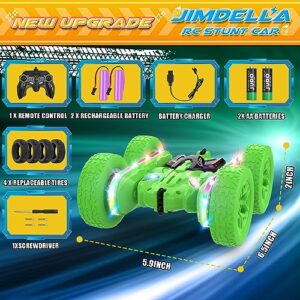 Jimdella Remote Control Car,RC Cars with sides light strip and Headlights,Double Sided 360 Flips Rotating RC Stunt Car,2.4Ghz All Terrain Toys for Ages 4-6 Kids Toy for Boys Girls Birthday Gift(Green)