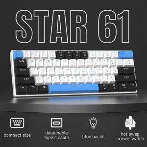 60 Percent Mechanical Gaming Keyboard,Black White Blue Mixed Color Keycaps Gaming Keyboard with Brown Switches, Detachable Type-C Cable Mini Keyboard with Blue LED Light for Windows/Mac/PC/Laptop
