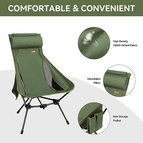 TOBTOS High Back Camping Chair, Lightweight Camping Chair with Headrest, Stable Portable Folding Chair for Outdoor Camp, Hiking, Backpacking (Green)