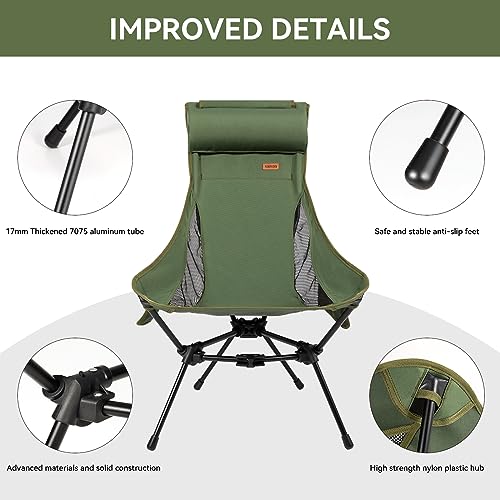 TOBTOS High Back Camping Chair, Lightweight Camping Chair with Headrest, Stable Portable Folding Chair for Outdoor Camp, Hiking, Backpacking (Green)