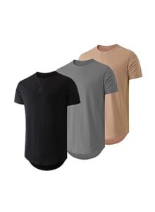 men's 3 pack cotton hipster hip hop slim fit round hemline crewneck t-shirt black/dark grey/khaki xx-large