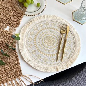 Boho Round Placemats Set of 4 - Handmade Cotton Woven Boho Place mats, Jute Linen with Macrame Table Mats for Dining Table, Wedding, Farmhouse Rustic Christmas Party Dia Home Decor (Ivory Color)