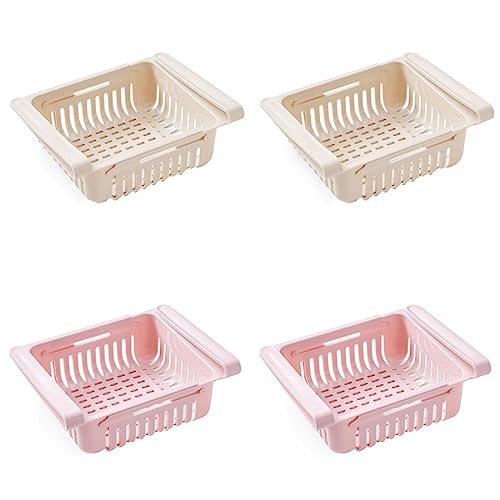 YIWULA 4PCS Drawer for Fridge Kitchen Organizer Refrigerator Storage Rack Fridge Freezer Shelf Holder Pull-Out Drawer Space (Beige+Pink)