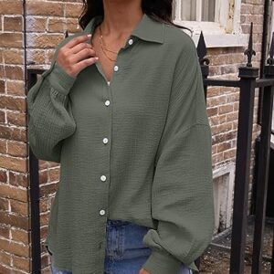 AUTOMET Womens Button Down Shirts Fall Shirts 2023 Shacket Jacket Long Sleeve Oversized Maternity Fashion Teacher Outfits Button Up Work Casual Blouses Tunics Tops Army Green