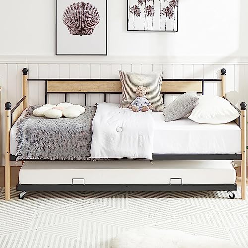 Tensun Twin Size Daybed with Trundle,Metal & Wood Trundle Day Bed Frame for Bedroom Living Room, Steel Slat Support/No Spring Box Needed, Black+Natural