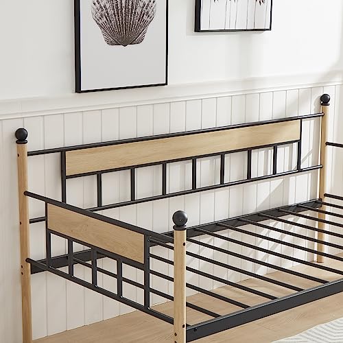 Tensun Twin Size Daybed with Trundle,Metal & Wood Trundle Day Bed Frame for Bedroom Living Room, Steel Slat Support/No Spring Box Needed, Black+Natural