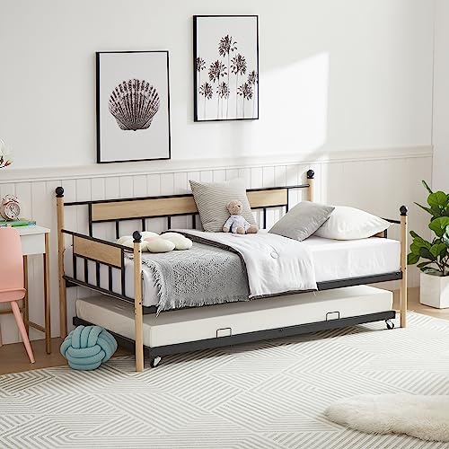 Tensun Twin Size Daybed with Trundle,Metal & Wood Trundle Day Bed Frame for Bedroom Living Room, Steel Slat Support/No Spring Box Needed, Black+Natural