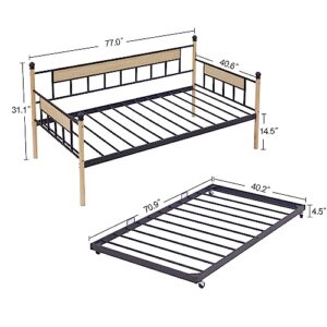 Tensun Twin Size Daybed with Trundle,Metal & Wood Trundle Day Bed Frame for Bedroom Living Room, Steel Slat Support/No Spring Box Needed, Black+Natural