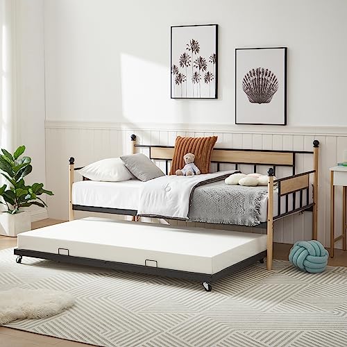 Tensun Twin Size Daybed with Trundle,Metal & Wood Trundle Day Bed Frame for Bedroom Living Room, Steel Slat Support/No Spring Box Needed, Black+Natural