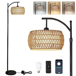 arc floor lamp with remote control, dimmable led floor lamp with 3 color temperature, black standing lamp with rattan & fabric double drum shade, boho farmhouse tall pole lamp for living room bedroom