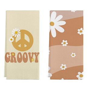 groovy retro 70s hippie boho daisy floral peace sign kitchen towels set of 2,cotton modern 24 x 16 inches dish towels dishcloths,dish cloth flour sack hand towel for farmhouse kitchen decor