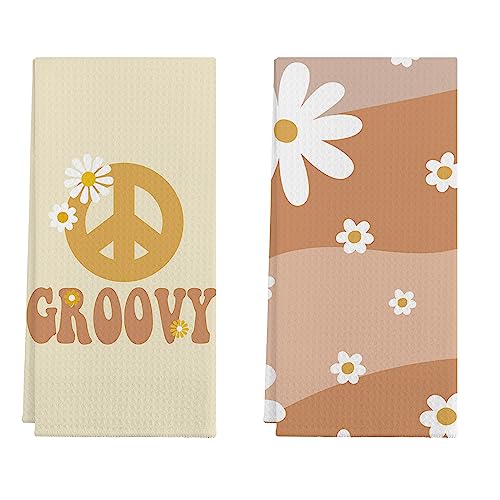 Groovy Retro 70s Hippie Boho Daisy Floral Peace Sign Kitchen Towels Set of 2,Cotton Modern 24 X 16 Inches Dish Towels Dishcloths,Dish Cloth Flour Sack Hand Towel for Farmhouse Kitchen Decor